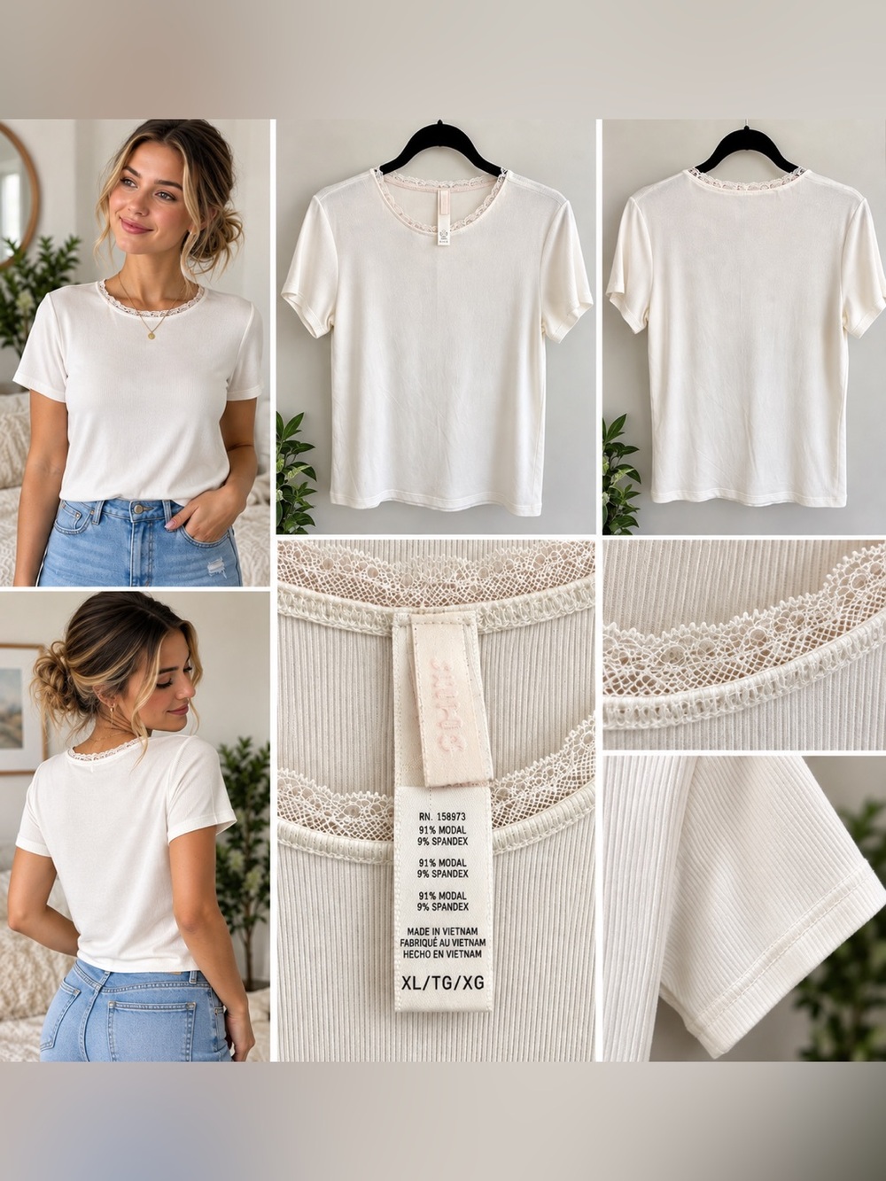 SKIMS Soft Lounge Lace Trim Ribbed T-Shirt Ivory Size XL